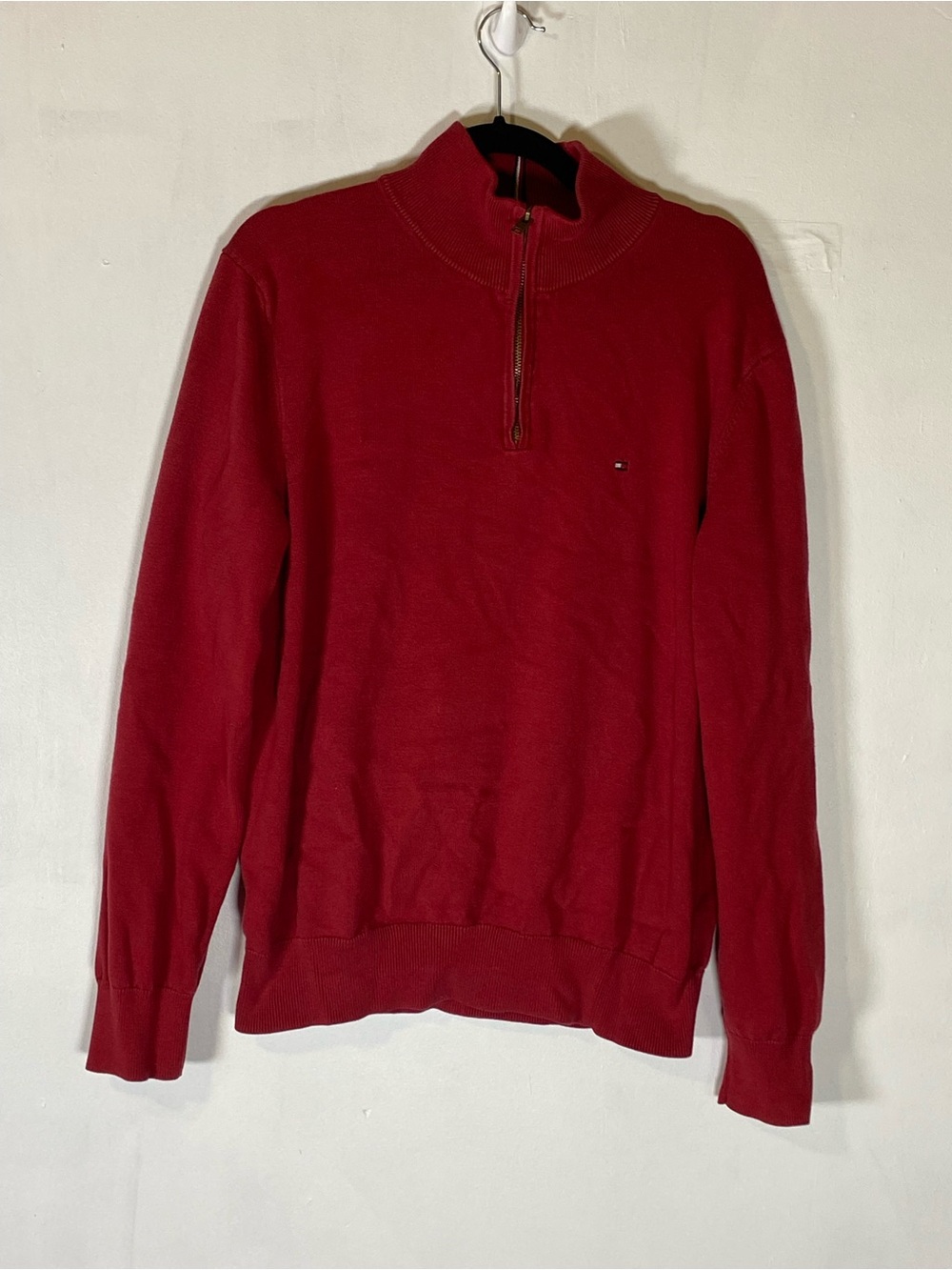 Tommy Hilfiger Red Quarter Zip Knit Sweater Pullover Logo‎ Men's L Preppy Luxury